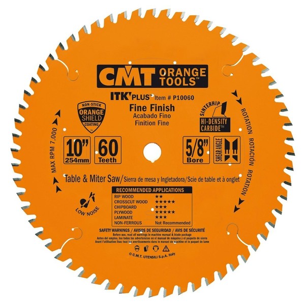 CMT P10060 ITK Plus Finish Saw Blade, 10 x 60 Teeth, 10° ATB+Shear with 5/8-Inch bore