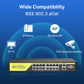 Hiseeu 16 Port PoE Switch Unmanaged w/2 Gigabit Uplink 1000 Mbps,802.3 af/at Compliant,250W (Each Port up to 30 W),Extend to 250M,Silent Operation,Sturdy Metal Housing,Plug and Play