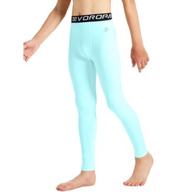 DEVOROPA Boys Leggings Quick Dry Youth Compression Pants Sports Tights Basketball Base Light Blue S