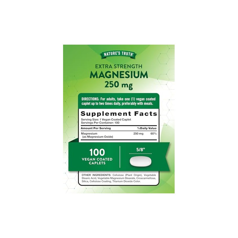 Natures Truth Magnesio 250 mg 100 Tabletas Veganas Suplemento Alimenticio