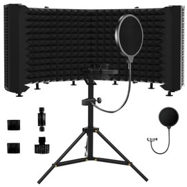 Geynnple Microphone Isolation Shield – Foldable & Adjustable Soundproof Panel for Recording, Podcasting, Vocal Booth, Studio & Home Use (Six-sided low stand)