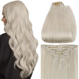 Full Shine Clip in Human Hair Blonde Natural Hair 12 Inch Real Human Hair Double Weft Remy Hair Color 1000 White Blonde Clip ins 80 Gram 7 Pcs Clips in Hair Extensions