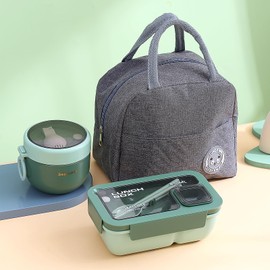 Esilihom Lunch Box Adults, Leakproof Bento Box Set with Lunch Bag, Utensils, Oats Container, for Men Women Student Office School, Food Storage with Fork & Spoon,Green