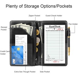 WAVEYU WAVEYU Cute Server Books for Waitress Waiter, Leather Guest Book Note Pad with Zipper, Money Organizer Wallet, Cash Check Bill Receipt Holder Presenter, 8x5 inch, Mushroom Pattern