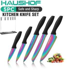 HAUSHOF Kitchen Knife Set 5PCS Rainbow Knife Sets Premium Steel Knives Set Black