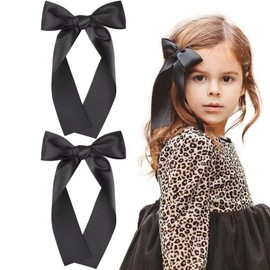 2Pcs Long Ribbon Hair Bows for Girls Hair Clip Silk Hair Bow Ribbon Hair Accessories for Baby Toddlers Infant Teens Kids (Black)