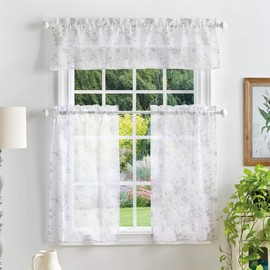 Martha Stewart Bellefield Floral Sheer Window Curtain Valance and Tiers Set, Linen