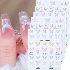 6 Sheets Butterfly Nail Art Stickers 3D Glitter Butterfly Nail Decals Self-Adhesive Spring Summer Butterfly Nail Art Supplies Designs Sticker DIY Acrylic Nail Art Decoration for Women and Girls