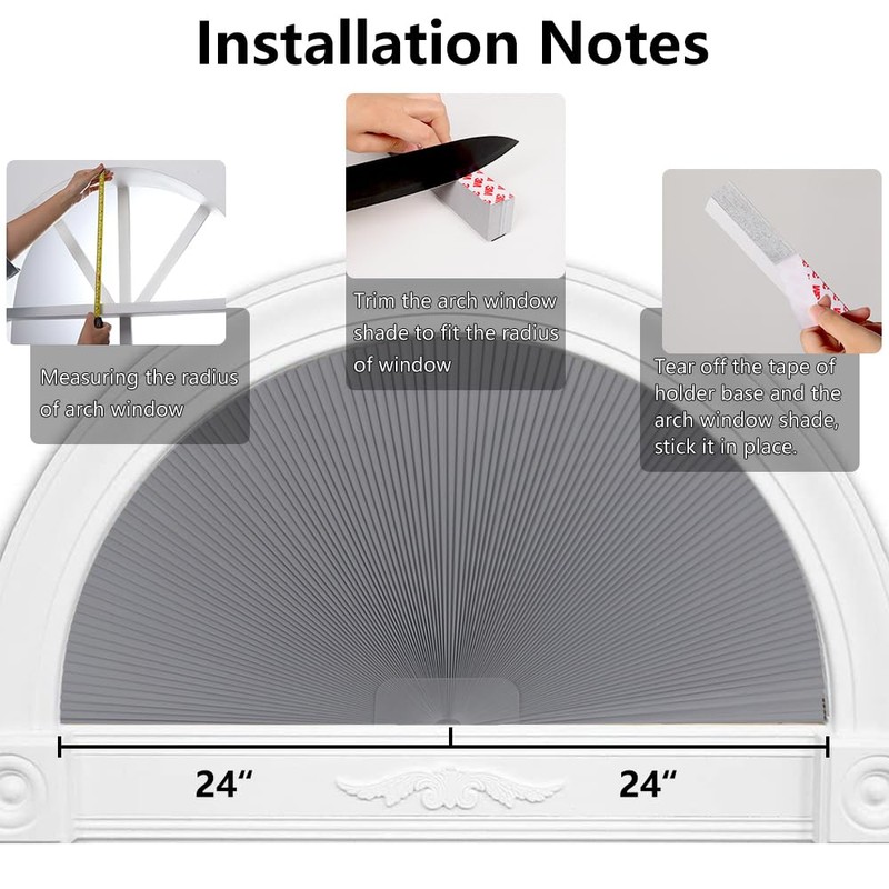 SEEYE Arch Window Blackout Shades, Pleated Fabric Blind (Radius: 24'')