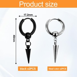 JYNXOR 2 Pairs of Men's Stainless Steel Earrings Set, Stud Earrings, Hoop Earrings, Gothic Piercing, Cartilage Earrings, Dangling Piercing, Cartilage for Men and Women (Black + Silver)