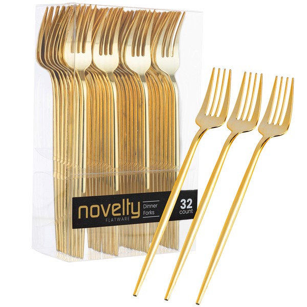 Novelty Modern Flatware, Cutlery, Disposable Plastic Dinner forks Luxury Gold 32 Count