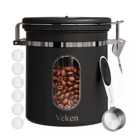 Veken Coffee Canister with Window, Airtight Stainless Steel Kitchen Food Storage Container with Lids, Date Tracker and Scoop for Grounds Coffee, Beans, Tea, Flour, Cereal, Sugar Jars, 16OZ, Black