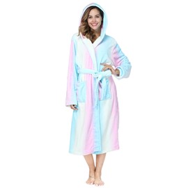 RONGTAI Soft Fleece Hooded Bathrobe for Women, Shawl Collar, Long Length, Side Pockets, Print Design (2XL, rainbow)