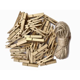 1.9 in Gold Clothespins Art Hanging Kit Kids Artwork Picture Party Xmas Decor Clothing Clamps with Jute Twine Pack 50
