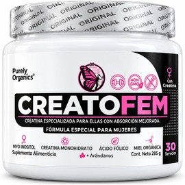 CreatoFEM Creatina para Mujeres Creatina Monohidratada + Inositol, Ácido Fólico, Arándano Rojo, Vit B9 y Miel de abeja orgánica Pre entreno y Post Entrenamiento 30 servicios, Sabor Ponche de Frutas Natural