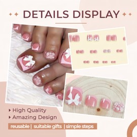 Pink Press on Toenails Short Square Fake Toenails 3D Pearl Flowers Bow Rhinestones Design False Toe Nails Nude False Toenails Spring Summer Floral Stick on Toenails Cute Toenail Press ons for Women