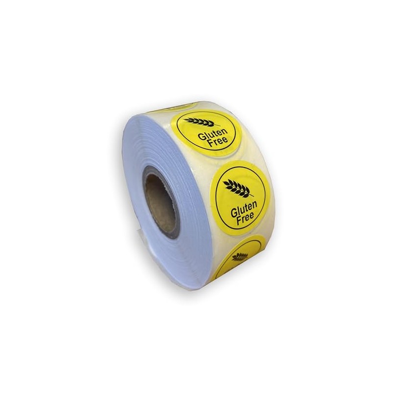1000 x roll 25mm Round Yellow Gluten Free Labels Permanent