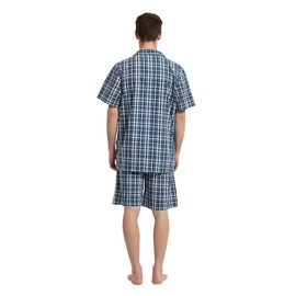 GLOBAL Pantalones de pijama 100% algodón para hombre, pantalones de dormir tejidos elásticos con cordón, Cuadros Azul Claro, Large