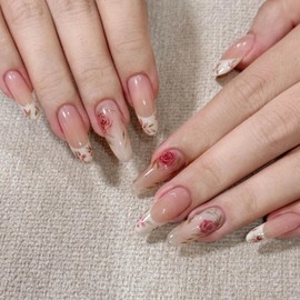 Gifiky 24Pcs French Tip Press on Nails - Short Almond False Nails with Acrylic Roses Design,Nude Fake Nails for Women,Reusable Glue on Nails Full Cover Tips