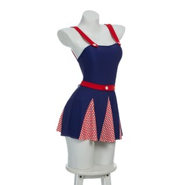 daizbella Women One Piece Swimsuits Vintage 1940s Retro Tummy Control Bathing Suit with Headband Belt, Blue and Red, Small