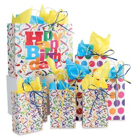 Current Happy Birthday Gift Bag Value Pack- 40 Piece Wrapping Set, 8 Gift Bags in 3 Sizes, 2 Colors Tissue Paper, 12 Raffia Strand Ribbons
