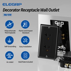 ELEGRP Glossy Black Decorator Electrical Wall Outlet Receptacle, 20A 125V Standard Outlets, 2 Pole 3 Wire, Non-Tamper Resistant, NEMA 5-20R, Self-Grounding, Wall Plate Included, UL Listed, 10 Pack