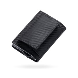 Mura Men's Trifold Mini Wallet Skimming Prevention Wallet Genuine Leather Coin Purse, carbon black