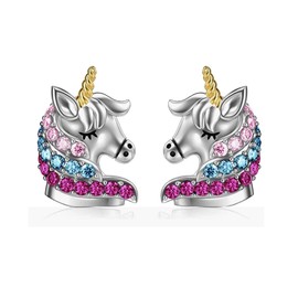 VICKWOOD Unicorn / Butterfly / Heart Stud Earrings Made of 925 Silver in Pink/Gold/Silver Earrings with Zirconia / Mother of Pearl for Girls, Silver, Cubic Zirconia
