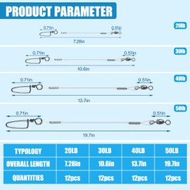 Fluorocarbon Fishing Wire Leader,12Pcs/24Pcs Fluorocarbon Leaders with Swivel Snap Kit High Strength Fishing Leader Line for Saltwater Freshwater 20LB-50LB