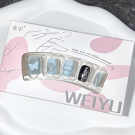 30Pcs Handmade Press on Nails Square Short Nails Press on Cute Butterfly Fake Nails with Silver Chrome Design Metal Line False Nail Blue Glossy Acrylic Nail Reusable Stick on Nail for Women