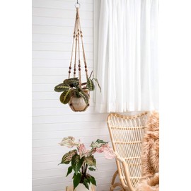 Mkono Macrame Plant Hanger Indoor Hanging Planter Basket with Wood Beads Decorative Flower Pot Holder No Tassels for Indoor Outdoor Boho Home Decor 35 Inch, Brown, Set of 2