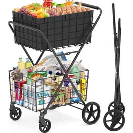 [2025𝐍𝐄𝐖] 2-Tier Extra Large Collapsible Grocery Cart On Wheels, 400lbs Shopping Cart For Groceries With 2 Removable Baskets, Waterproof Liner, Heavy Duty Foldable Shopping Utility Cart For Seniors