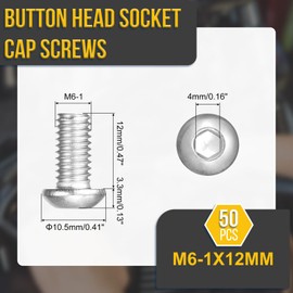 DTGN M6-1x12mm Button Head Socket Cap Screws - 50Pack - Good for Road Bicycle, Mountain Bike, Auto, Motorcycle - 304 Stainless Steel Whitewashed - Hex Drive Fasteners