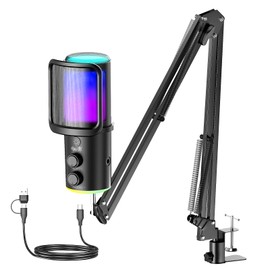 Gaming USB Microphone Kit with Boom Arm - RGB Condenser Mic with Noise Cancellation, Mute Button Reverb Adjustment, Monitoring for Streaming, Podcasting, Discord, YouTube
