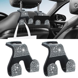 2PCS Car Seat Headrest Hooks, Shiny Crystal Hanger Holder, Backseat Hanger Storage Organizer, Bling Rhinestone Car Purse Hook, Car Accessories for Women Universal for SUV Truck Vehicle (White)