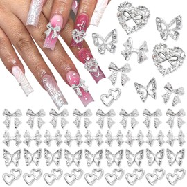 RODAKY 44PCS Bow Nail Charms Silver 3D Butterfly Nail Gems Heart Shape Nail Jewelry Multistyle Metal Charms for Nails Y2K Style Nails Decoration Nail Supplies for Women and Girls Manicure Design