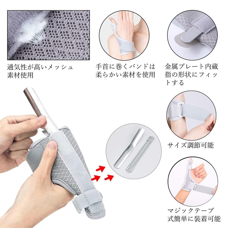 手首 親指サポーター 親指付け根サポーター メッシュ素材 通気性 固定式金属板+弾力式金属板 フリーサイズ 1枚 左右兼用