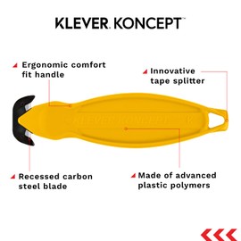 Klever Koncept Safety Cutter, Carbon Steel Blade Box Cutter, Cuts Boxes, Film, Tape, and More, Utility Knife, Yellow, 20/pk (KCJ-2Y)
