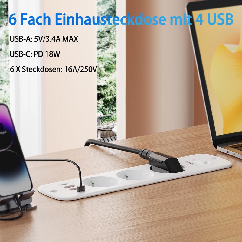 Retractable Socket 6 Compartments, Built-in Power Strip with 4 USB,