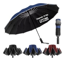 Ultimate Windproof Inverted Travel Umbrella 16 Rib with Reflective Edges, Automatic Folding, Compact & Portable, Durable Reverse-Fold Rain Umbrella for Car & Backpack - F1.2.UV.Navy Blue
