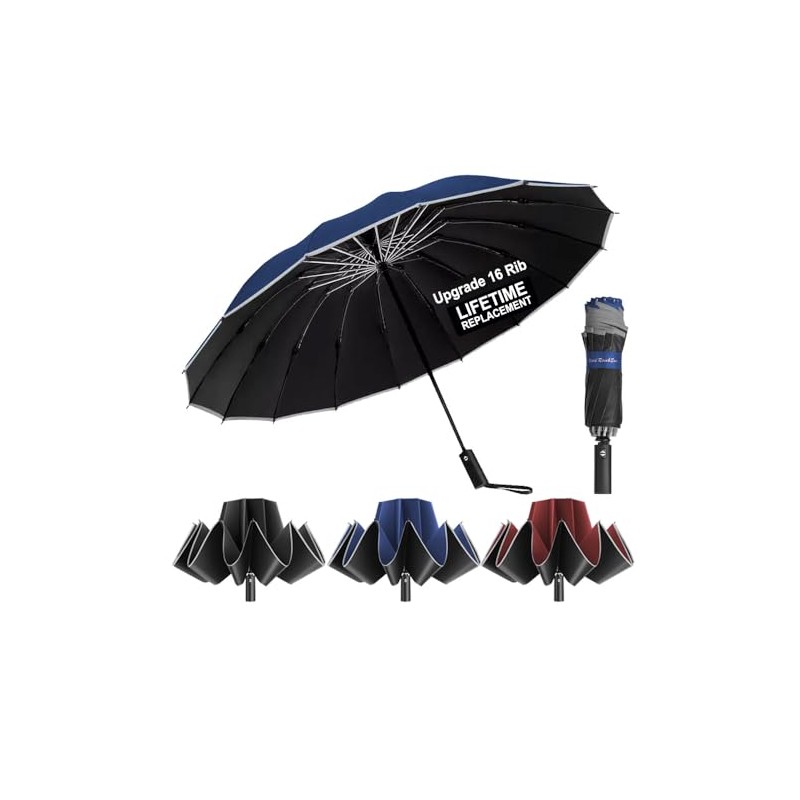 Ultimate Windproof Inverted Travel Umbrella 16 Rib with Reflective Edges,
