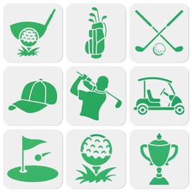 MAYJOYDIY 9PCS Golf Stencils Set Golf Cart Caddy Golf Club Caddy Bag Golf Accessories Golf Ball Stencil 6×6inch Washable PET Material T-Shirts/Albums/Cards Painting