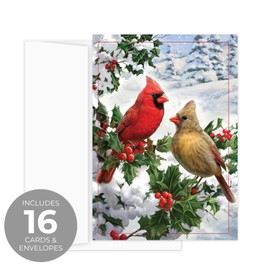 Masterpiece Cardinal Couple Christmas Cards / 16 Festive Holiday Cards With Coordinating White Envelopes Set / 5 5/8" x 7 7/8" Winter Cardinals Greeting Cards With Inside Verse/Made In The USA