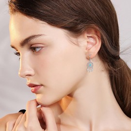 Dream Catcher Earrings 925 Sterling Silver Turquoise Lotus Dreamcatcher Earring Dangle Dream Catcher Jewelry Protection Gifts for Women Girls Mother