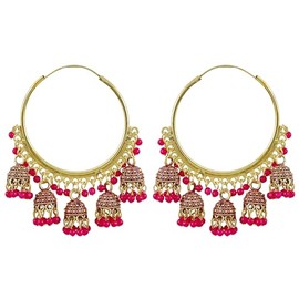 Indian Gold Pearl Bead Ethnic Fashion Traditional Boho Jhumka Dangle Hoop Earrings Jewelry (ROUND) (PINK)