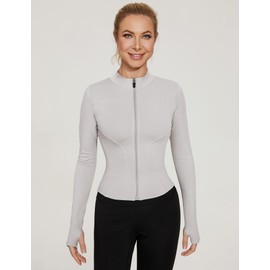 LUYAA Long Sleeve Workout Tops for Women Light Weight Zip Up Jackets Women Crop Athletic Running Jacket Ivory Grey S