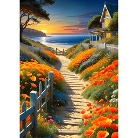 QINRUBB DIY Way Diamond Painting Adults, 5D by the Sea Diamond Painting Pictures Beginners, Flowers Round Full Drill Diamond Painting Embroidery Cross Stitch Gifts Home Wall Decor 30 x 40 cm