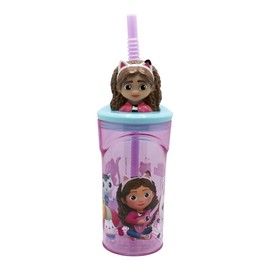OM SUPPLIES Gabby's 3D Figurine Cartoon Characters Reusable Tumbler Childrens Drinking Cup Straw 23 x 7.5 x 7.5cm Includes Half Size 12pcs Pencil Set (Gabby's)