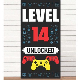 Level 14th Unlocked Happy 14th Birthday Level Up Banner Backdrop Background Photo Booth Props Video Games Gamepad Teen Theme Decor for Boys Girls 14th Birthday Party Favors Supplies Decorations