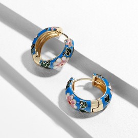 Xerling Vintage Flower Huggie Hoop Earrings Antique Retro Enamel Copper Round Circle Hoop Earrings for Women Girls Gold Statement Loop Earrings (Blue)